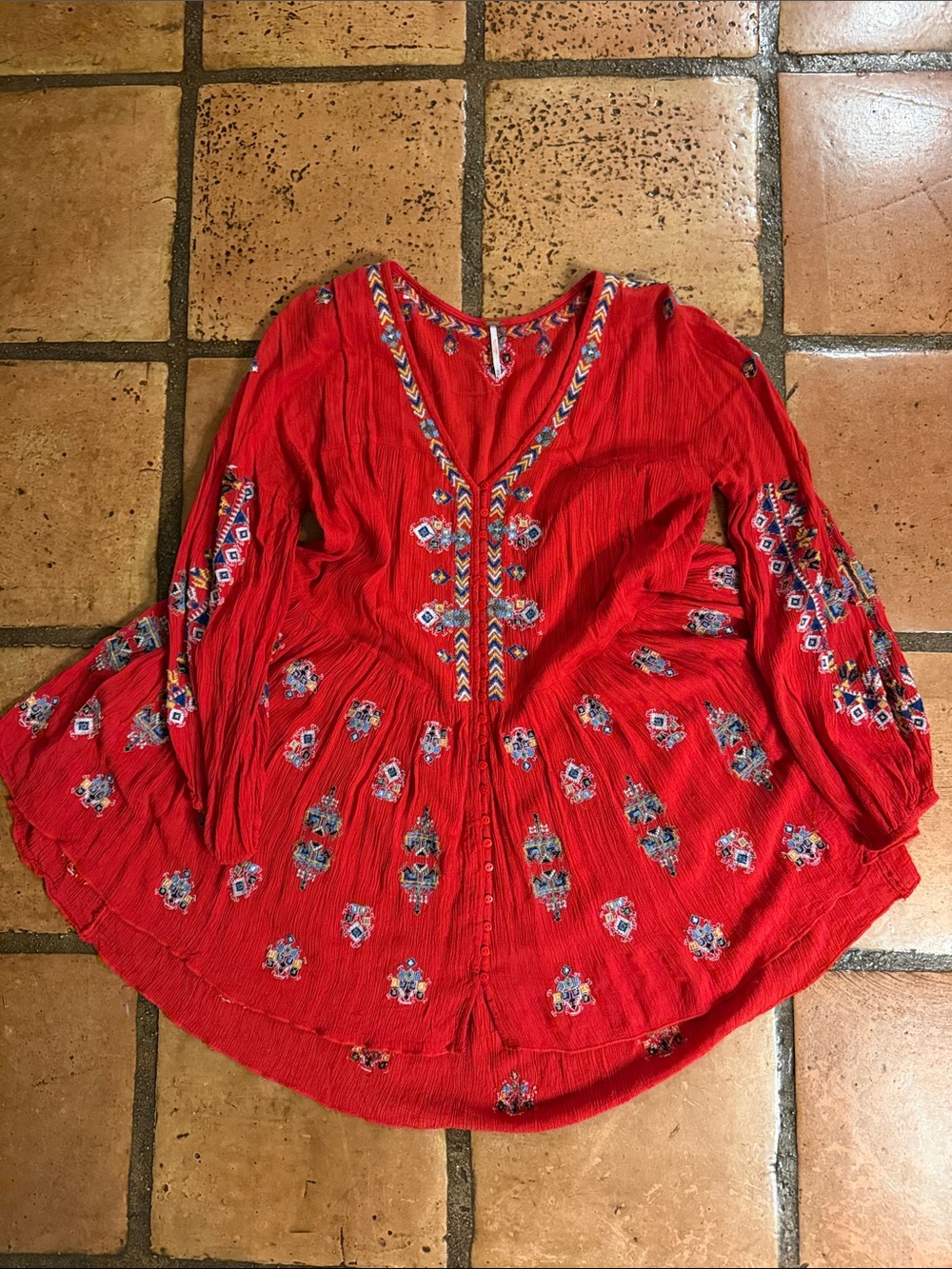 Free People Red Embroidered Peasant Tunic